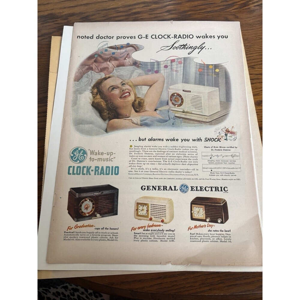 VTG 1948 Orig Magazine Ad GE General Electric Clock Radio Wakes You Soothingly